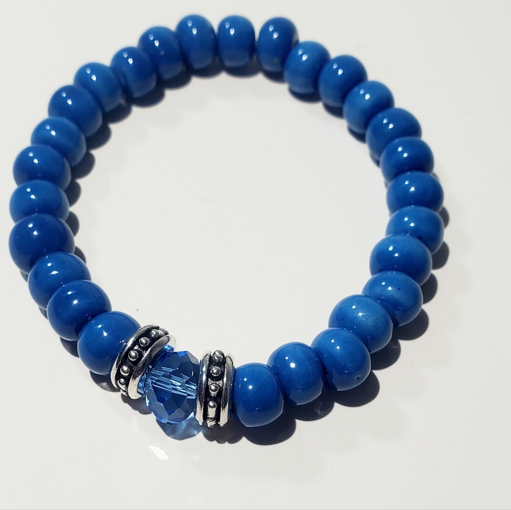 Blue Beaded Stretch Bracelet with Crystal Accent
